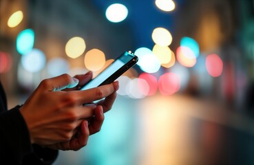 Woman uses smartphone on city street at night. Mobile application for transport. Night scene city bokeh. Woman searching transport options. Lifestyle tech use.