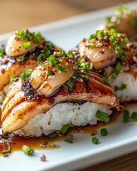 Grilled sushi with scallops and green onions on a white plate
