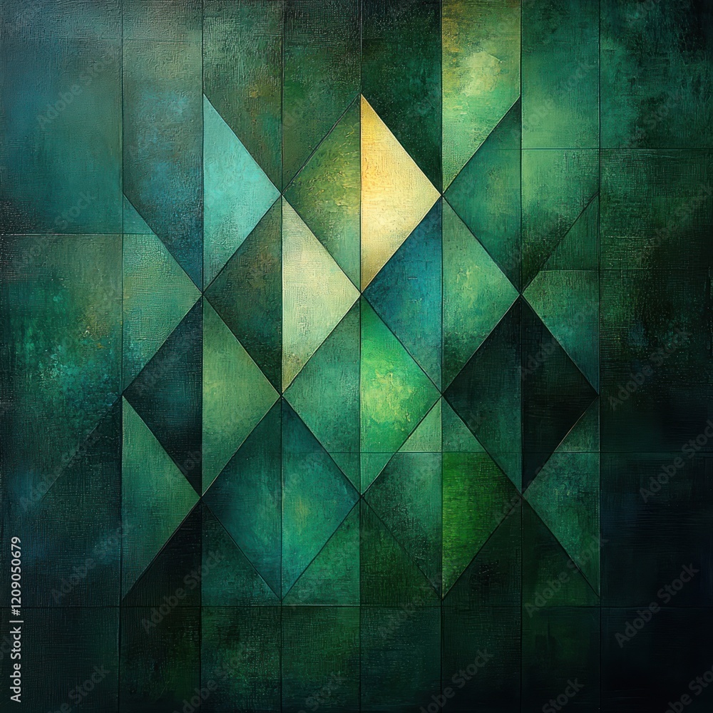 Poster geometric abstract background design in shades of blue and green with layered triangles and soft lig