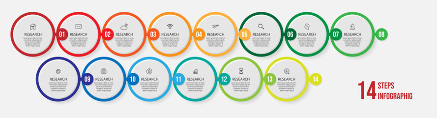 simple infographic vector with 14 interconnected parts, there are icons, numbers and colors that are good for your business