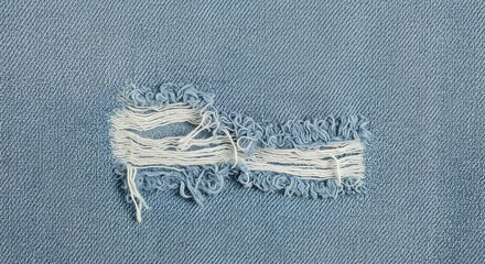 A close-up of blue denim fabric with a frayed and ripped area exposing white threads.