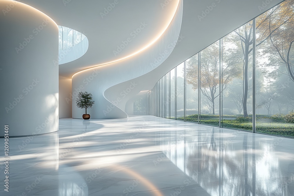 Poster minimalist interior design with large windows and soft lighting in modern architecture