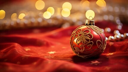 Obraz premium Red Christmas Ornament on a Festive Tablecloth
