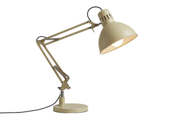 A modern beige desk lamp with a metallic finish, isolated on white background