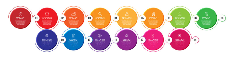 simple infographic vector with 14 interconnected parts, there are icons, numbers and colors that are good for your business
