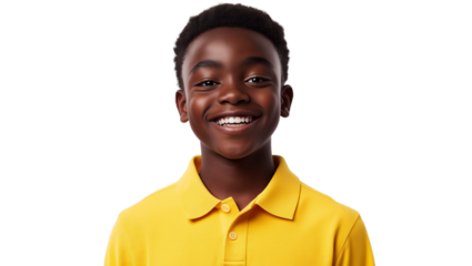 Close-up portrait of a joyful Black boy wearing yellow, isolated on a clean white background. Captures a genuine moment of happiness