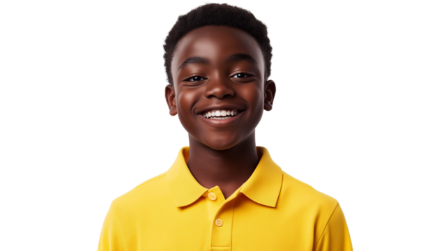 Close-up portrait of a joyful Black boy wearing yellow, isolated on a clean white background. Captures a genuine moment of happiness
