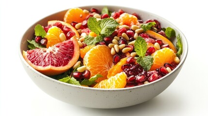 A vibrant bowl of salad with pomegranate, oranges, grapefruit, persimmons, pine nuts, agave nectar, and mint leaves