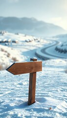 Fototapeta premium A rustic wooden signpost points the way through a tranquil winter landscape, snow blankets the ground leading to a distant mountain village and a winding road. The scene is peaceful and inviting, sug