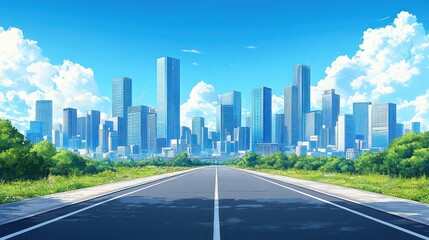 Naklejka premium A perspective illustration of a concrete road flanked by subtle greenery