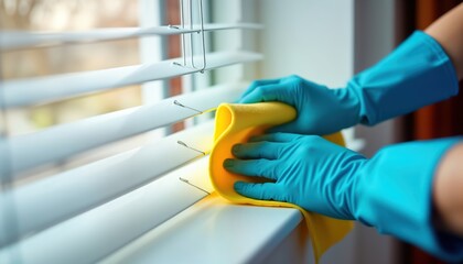 Person cleans white window blinds with yellow cloth, blue rubber gloves. Home maintenance, cleanliness highlighted in indoor setting. Focus on daily upkeep, hygiene. Cleanliness, organization within