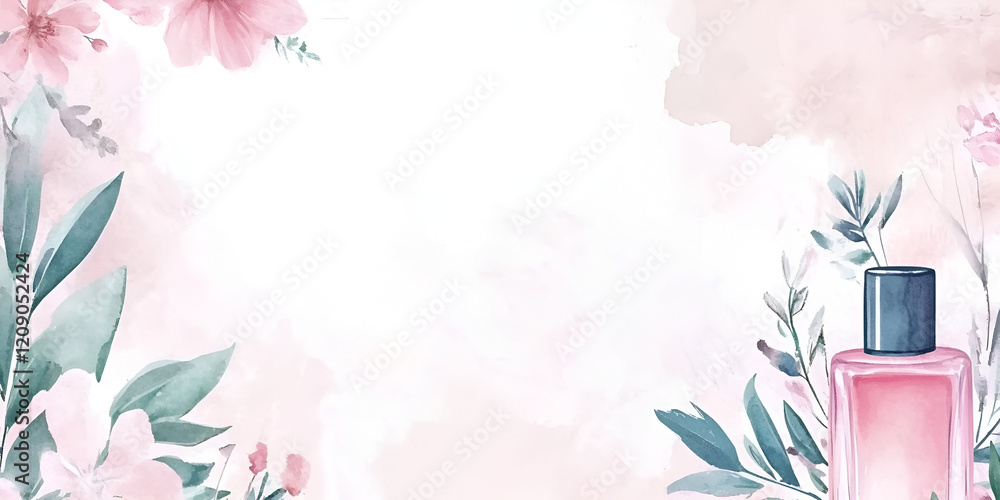 Sticker Floral Fragrance:  A watercolor illustration featuring delicate pink flowers and lush green leaves arranged around a pink perfume bottle on a soft, airy background.