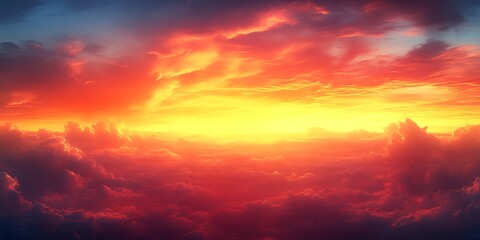 Fototapeta premium Fiery sunset above a sea of clouds.