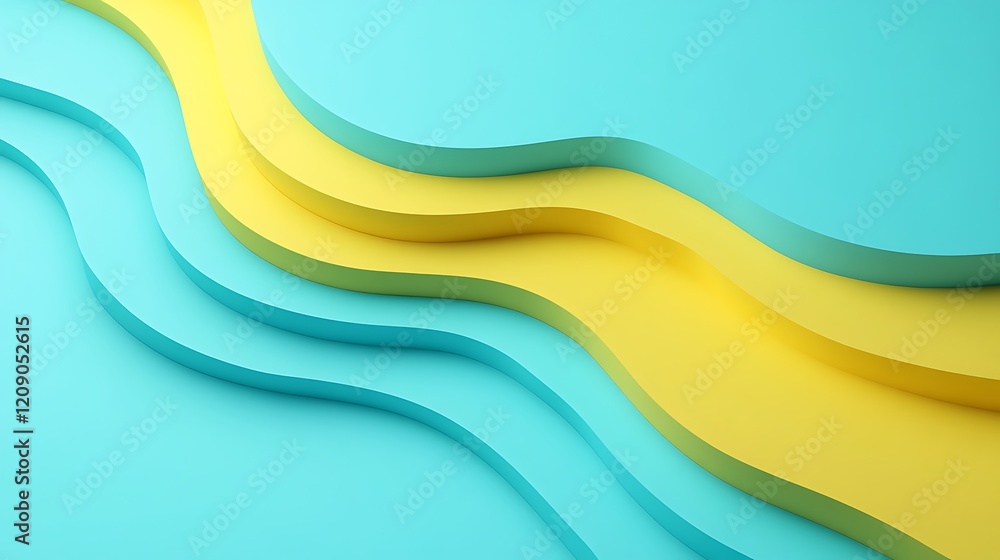 Poster vibrant waves of turquoise and yellow with smooth curved lines creating a modern abstract background