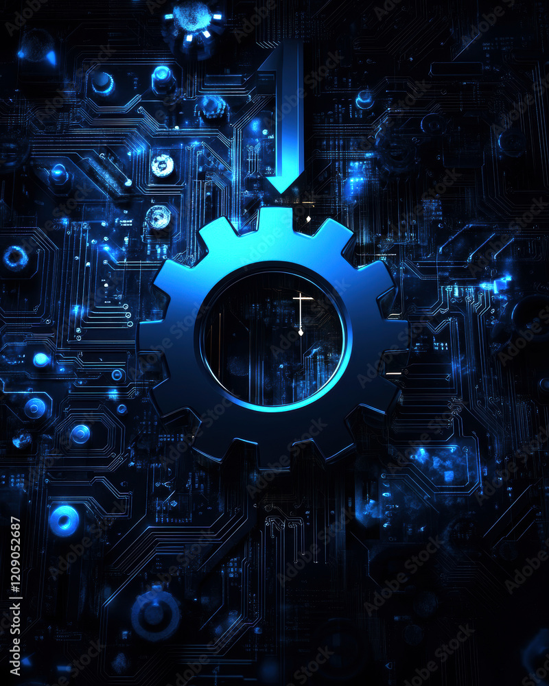 Poster this striking image combines a gleaming blue gear with intricate circuitry, symbolizing the fusion o