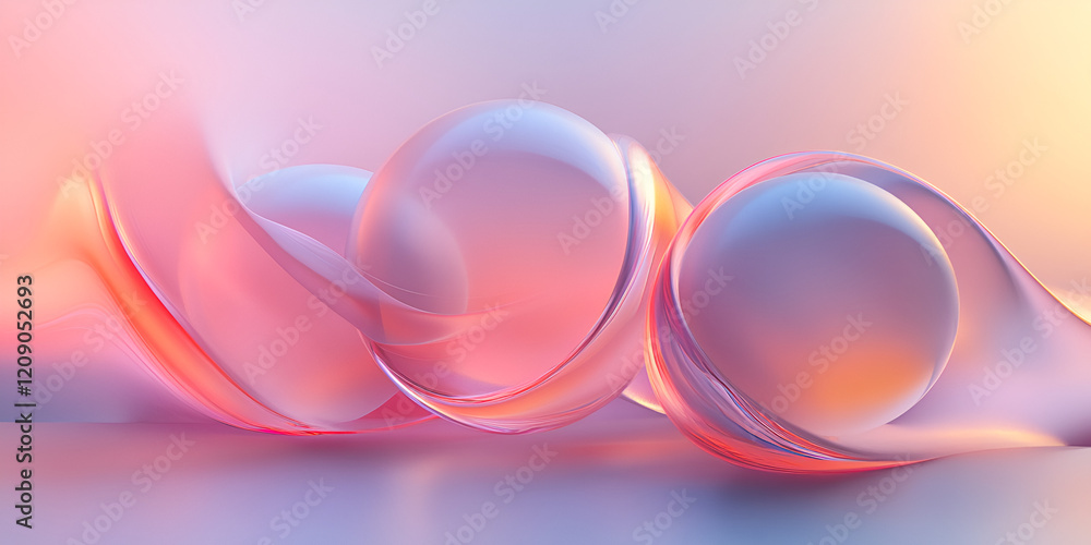 Poster abstract fluid forms: three iridescent orbs float delicately within a flowing, translucent ribbon. s