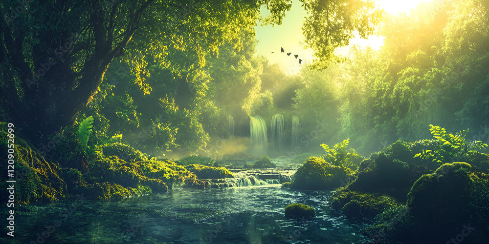 Poster enchanted forest stream: sunlight filters through the dense canopy of a mystical forest, illuminatin