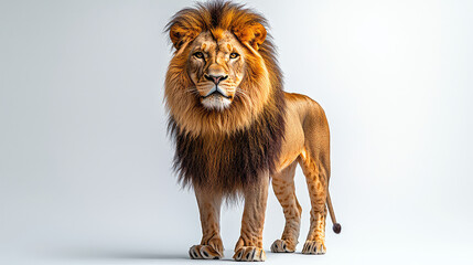 Obraz premium Majestic male lion standing against a white background, showcasing its powerful build, impressive mane, and intense gaze.