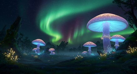 A magical landscape of oversized glowing mushrooms under a colorful aurora sky