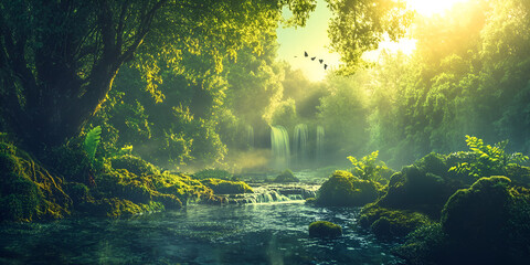 Enchanted Forest Stream:  Sunlight filters through the dense canopy of a mystical forest, illuminating a tranquil stream cascading over mossy rocks. Birds soar overhead.