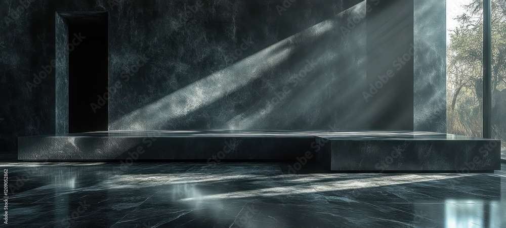 Poster dark minimalist studio room with abstract cement wall and textured surfaces for product display