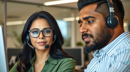 Call Center Agent in Office – Female CSR Wearing Headphones and Assisting Customers, CSR, agent in office, call center office