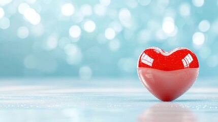 Fototapeta premium Glossy red heart shape resting on a reflective light blue surface with soft bokeh background.