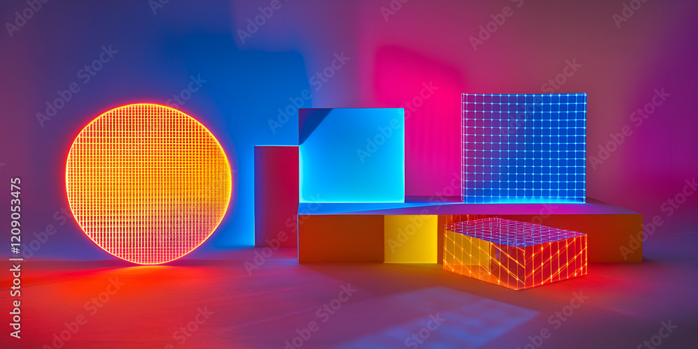 Poster neon geometric abstract: vibrant, glowing neon shapes in a dynamic composition create a bold and fut