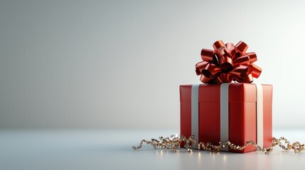A vibrant red gift box adorned with a large bow, resting on a minimalistic background, perfect for celebrations and festive occasions.