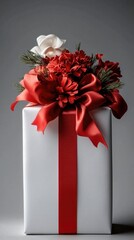 A beautifully wrapped gift adorned with red flowers and a striking red ribbon, perfect for celebrations.
