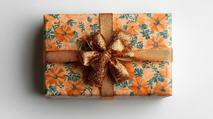 A beautifully wrapped gift box adorned with floral patterns and a golden ribbon, perfect for any special occasion.