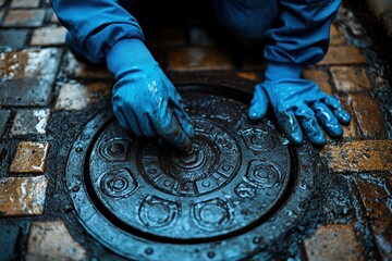 drain cleaning service worker cleaning clogged sewer with hydro jetting technique in blue overalls