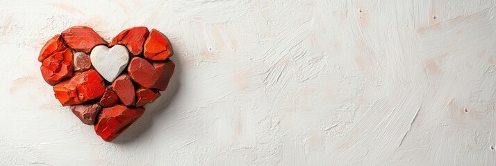 A heart made of colorful stones, featuring a smaller white stone in the center, on a textured background.