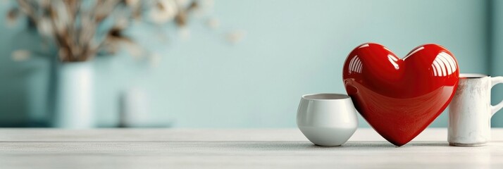 A vibrant red heart sits beside white cups on a light wooden table, with a soft blue background, evoking a cozy and romantic atmosphere.