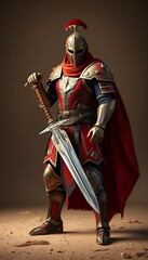 Obraz premium A valiant knight in red and gold armor stands ready for battle, his sword held firmly in hand. This pixel art illustration depicts a heroic warrior, embodying strength and courage. The detailed armor 