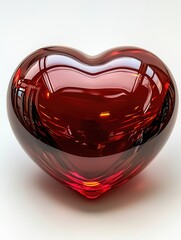 A shiny red glass heart sculpture reflecting light, symbolizing love and affection, set against a simple background.