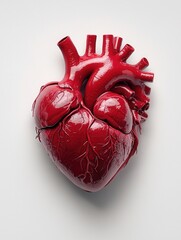 A vibrant, realistic depiction of a human heart, showcasing its detailed structure and rich red color against a neutral background.