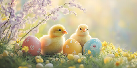 Easter Chicks and Eggs: Two fluffy yellow chicks nestled amongst pastel Easter eggs and spring blossoms, bathed in soft sunlight.
