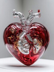 A glass sculpture of a heart, intricately designed with a realistic depiction of veins and arteries, showcasing deep red and translucent elements.