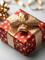 A beautifully wrapped red gift box adorned with golden polka dots and a shiny bow, perfect for festive occasions and celebrations.
