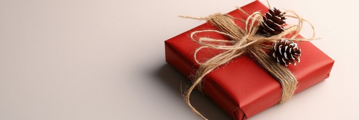 A beautifully wrapped red gift box adorned with pinecones and twine, perfect for festive occasions and celebrations.