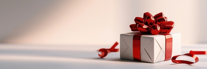 A beautifully wrapped gift box with a red ribbon and bow, set against a softly lit background, perfect for celebrations and special occasions.