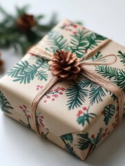 A beautifully wrapped gift box adorned with green foliage and a pine cone, perfect for festive celebrations.