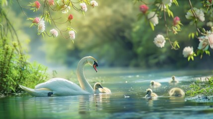 Two swans swimming gracefully by a peaceful river with goslings enjoying the shore, surrounded by blooming flowers and a soft spring breeze.