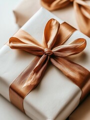 A beautifully wrapped gift box adorned with a shiny bronze ribbon, perfect for celebrations and special occasions.