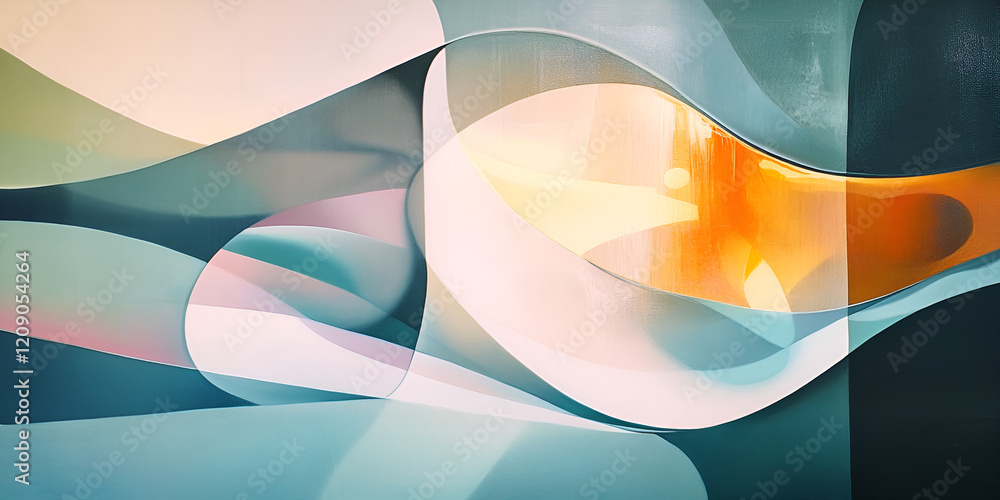 Poster abstract flow: fluid forms in teal, cream, and amber create a dynamic, layered abstract composition.