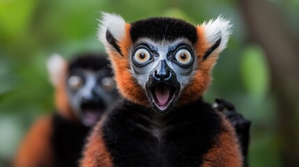 Obraz premium Surprised red-fronted lemur in rainforest