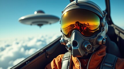 Fototapeta premium Fighter Pilot Takes Dramatic Selfie Encountering UFO in the Sky