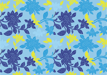 Indonesian Batik, exclusive floral motif, coloring applied to fabric, this technique originates from Indonesia. Batik is made by drawing dots and lines