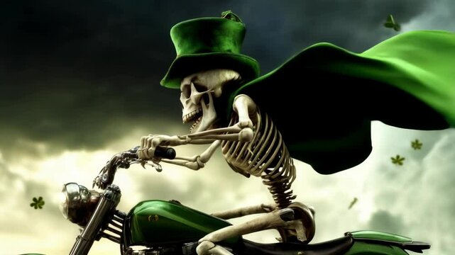 A skeleton wearing a green hat rides a motorcycle through a stormy sky, celebrating St. Patrick's Day.